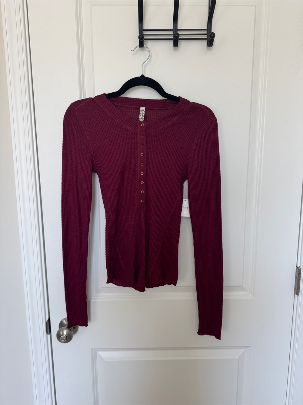 Free People Burgundy Waffle-Knit Henley Long Sleeve Top